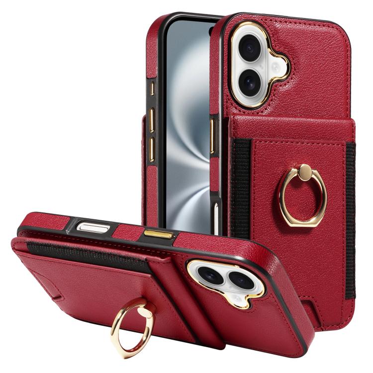 For iPhone 16 Ring Multifunctional Vertical Flip Wallet Back Cover Leather Phone Case(Red)