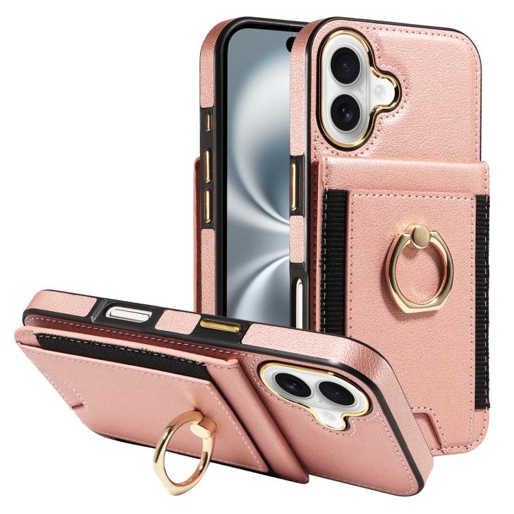 For iPhone 16 Ring Multifunctional Vertical Flip Wallet Back Cover Leather Phone Case(Rose Gold)