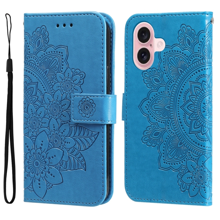 For iPhone 16 Seven-petal Flowers Embossing Leather Phone Case(Blue)
