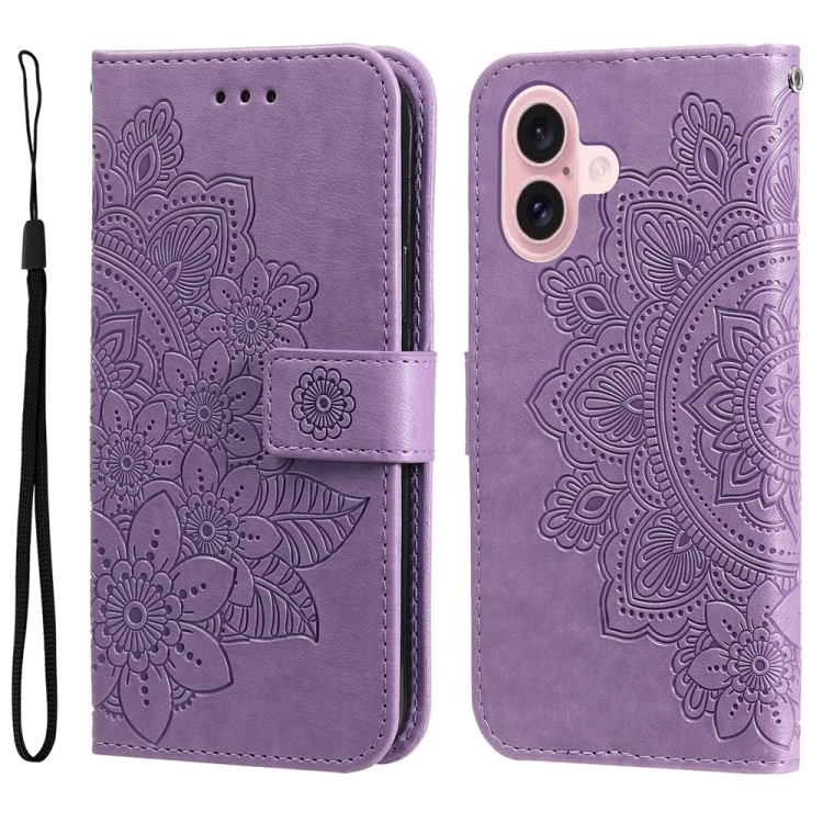 For iPhone 16 Seven-petal Flowers Embossing Leather Phone Case(Light Purple)