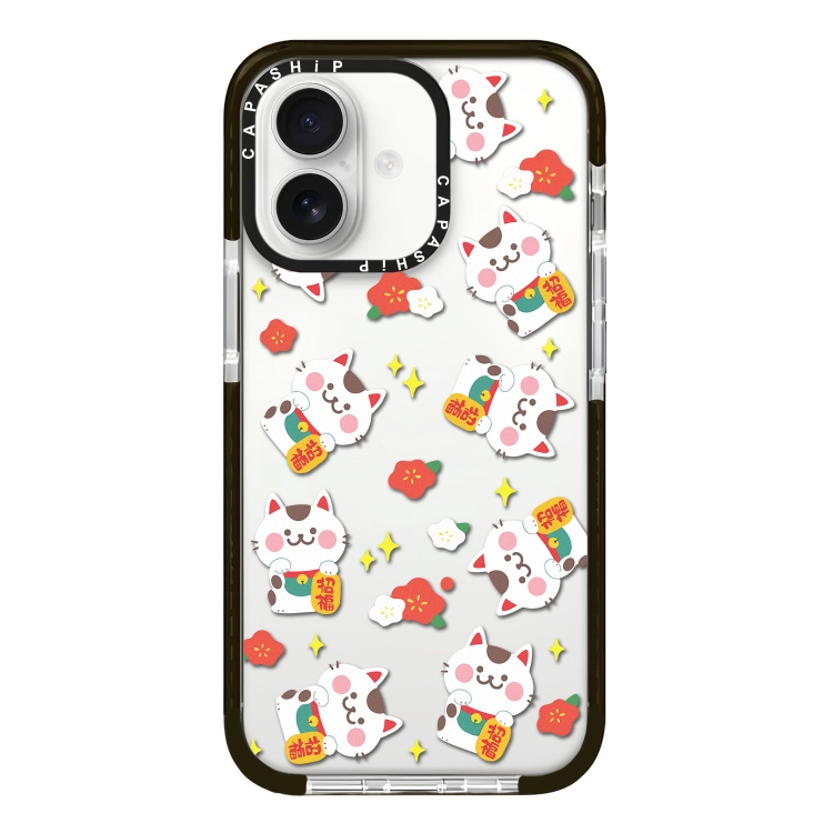 For iPhone 16 Simple Illustration Pattern Full Coverage Phone Case(Lucky Cat A)