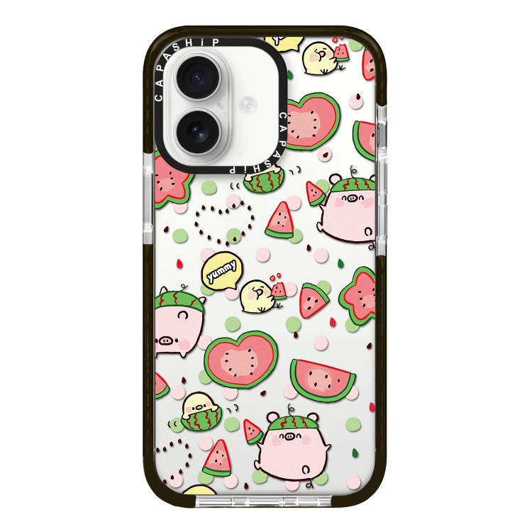 For iPhone 16 Simple Illustration Pattern Full Coverage Phone Case(Watermelon Pig)