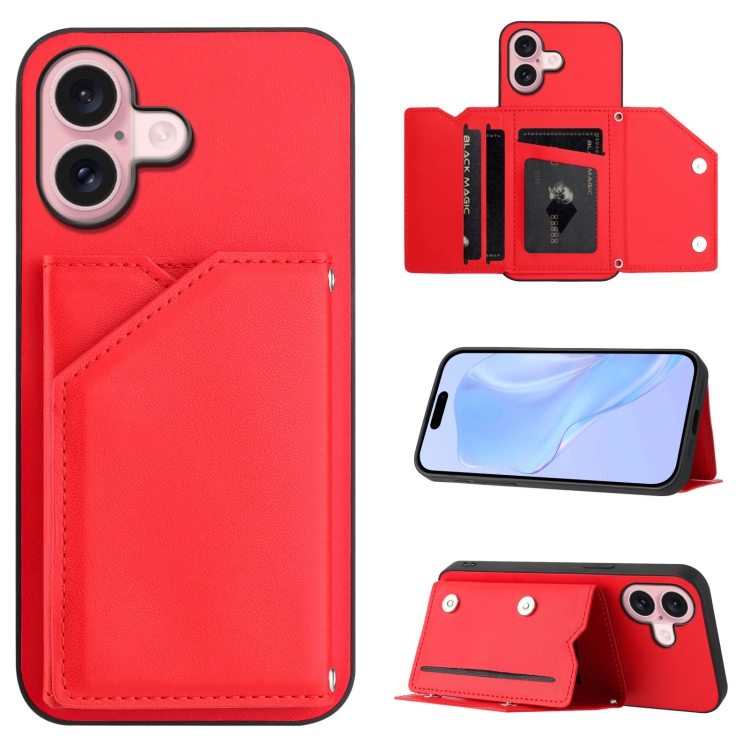 For iPhone 16 Skin Feel Four Card Slots Phone Case with Wrist Strap(Red)