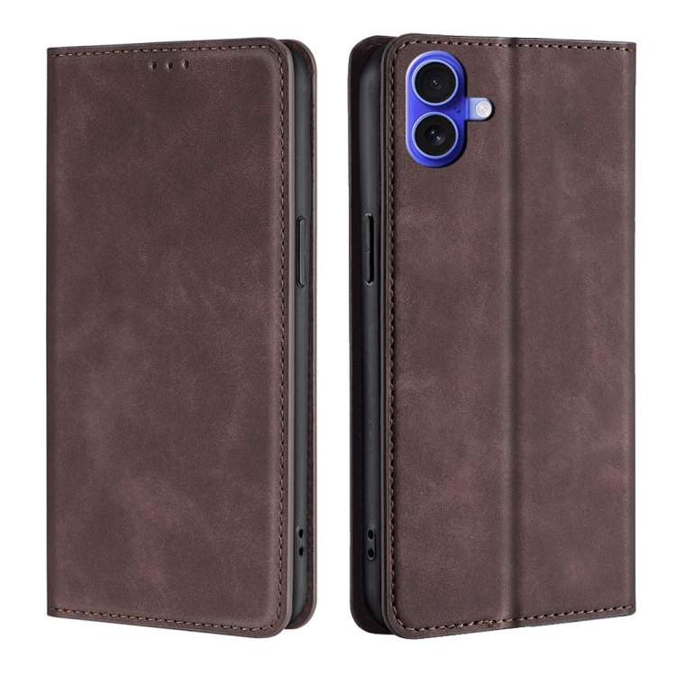 For iPhone 16 Skin Feel Magnetic Leather Phone Case(Dark Brown)