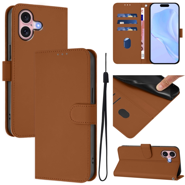 For iPhone 16 Skin Feel Solid Color Leather Phone Case with Lanyard(Brown)