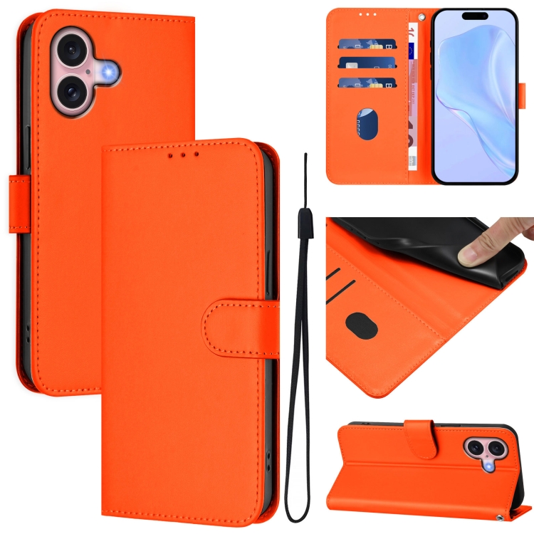 For iPhone 16 Skin Feel Solid Color Leather Phone Case with Lanyard(Orange)
