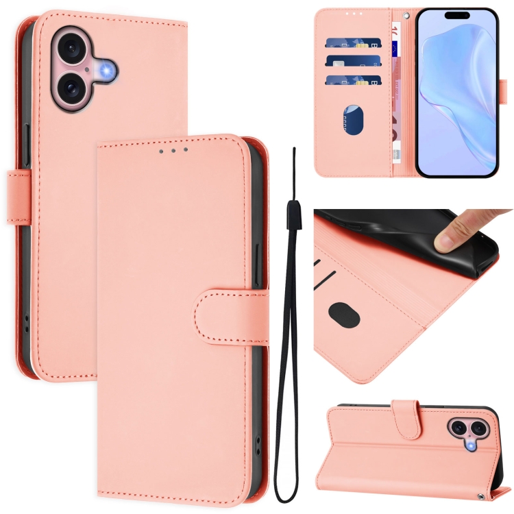 For iPhone 16 Skin Feel Solid Color Leather Phone Case with Lanyard(Pink)