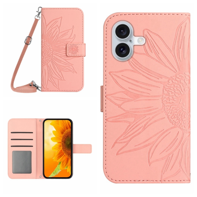 For iPhone 16 Skin Feel Sun Flower Embossed Flip Leather Phone Case with Lanyard(Pink)