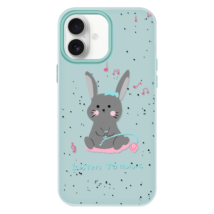 For iPhone 16 Skin Feeling Jelly TPU Hybrid PC Phone Case(Listen to Music Rabbit Light Green)