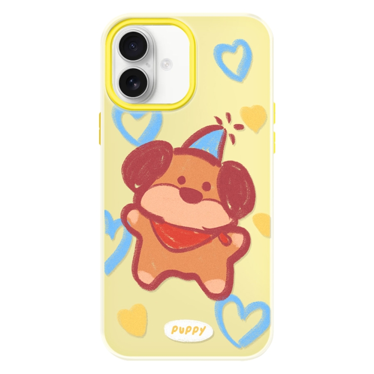 For iPhone 16 Skin Feeling Jelly TPU Hybrid PC Phone Case(Puppy Crayon Drawing Yellow)