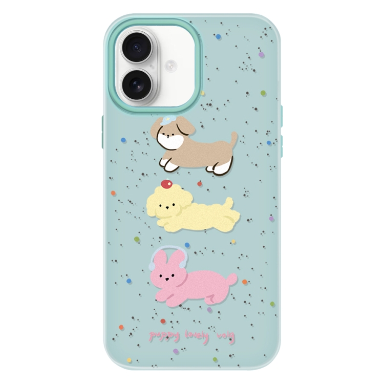 For iPhone 16 Skin Feeling Jelly TPU Hybrid PC Phone Case(Three Puppies Light Green)