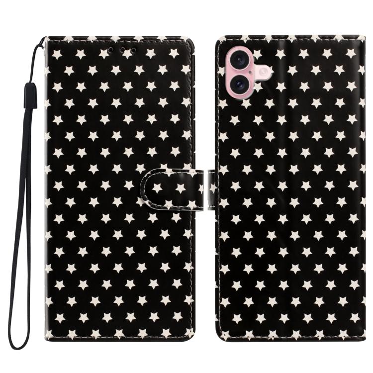 For iPhone 16 Star Pattern Magnetic Buckle Vegan Leather Phone Case with Wrist Strap(Black)