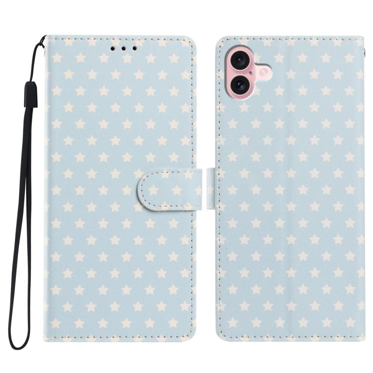 For iPhone 16 Star Pattern Magnetic Buckle Vegan Leather Phone Case with Wrist Strap(Blue)