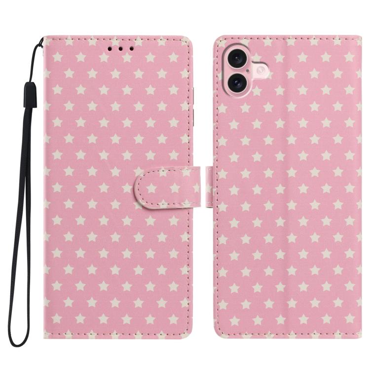 For iPhone 16 Star Pattern Magnetic Buckle Vegan Leather Phone Case with Wrist Strap(Pink)