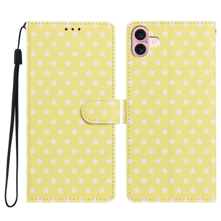 For iPhone 16 Star Pattern Magnetic Buckle Vegan Leather Phone Case with Wrist Strap(Yellow)