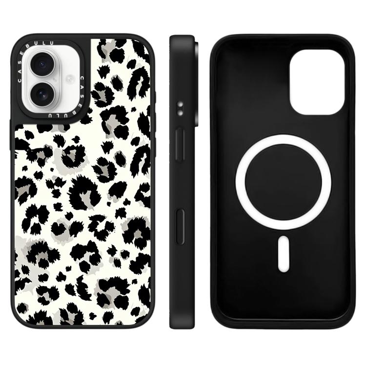 For iPhone 16 Stars Leopard Series Pattern Mirror Magnetic Phone Case(Black White Leopard)