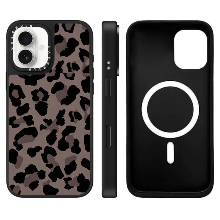 For iPhone 16 Stars Leopard Series Pattern Mirror Magnetic Phone Case(Chocolate Leopard)