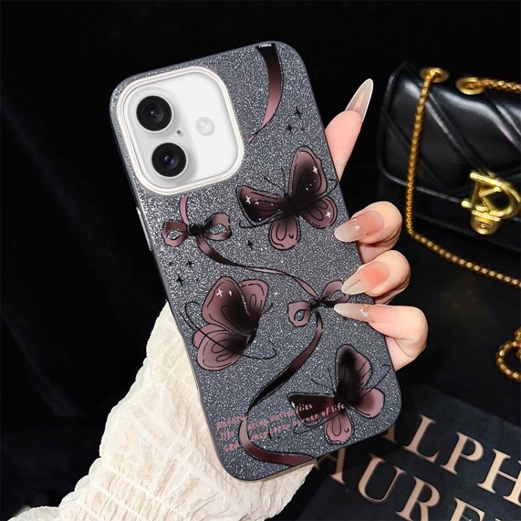 For iPhone 16 Swirling Butterflies Pattern IMD Glitter PC Hybrid TPU Phone Case(Black)