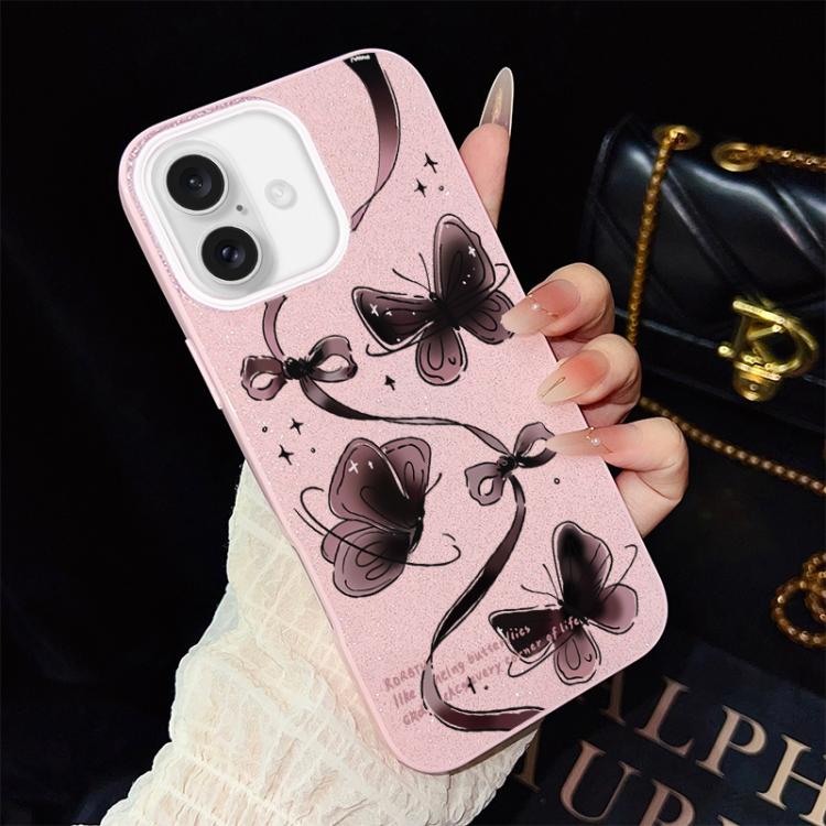 For iPhone 16 Swirling Butterflies Pattern IMD Glitter PC Hybrid TPU Phone Case(Pink)