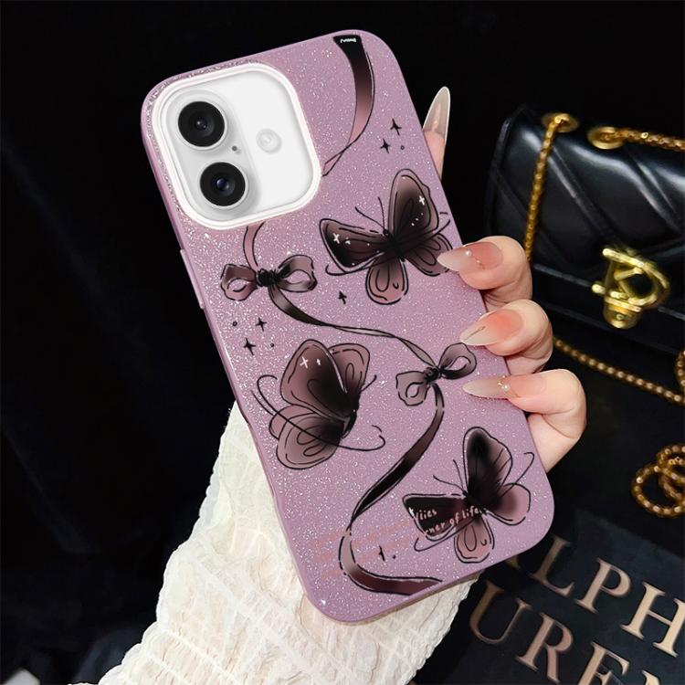 For iPhone 16 Swirling Butterflies Pattern IMD Glitter PC Hybrid TPU Phone Case(Purple)