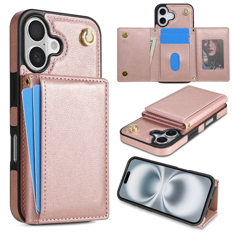 For iPhone 16 Three Fold Card Bag Phone Case with Long Lanyard(Rose Gold)