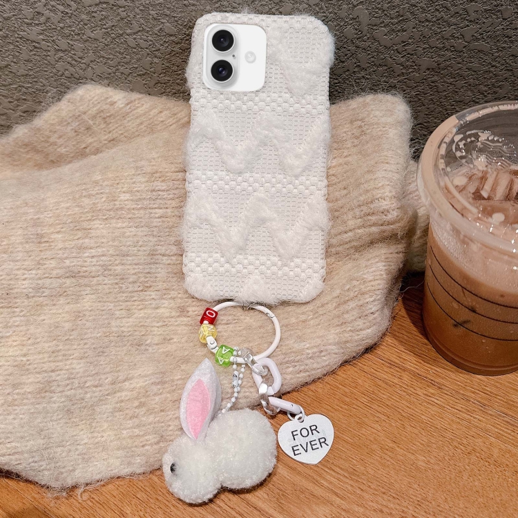 For iPhone 16 W-texture Plush PU Hybrid PC Phone Case with Doll Keychain(White)
