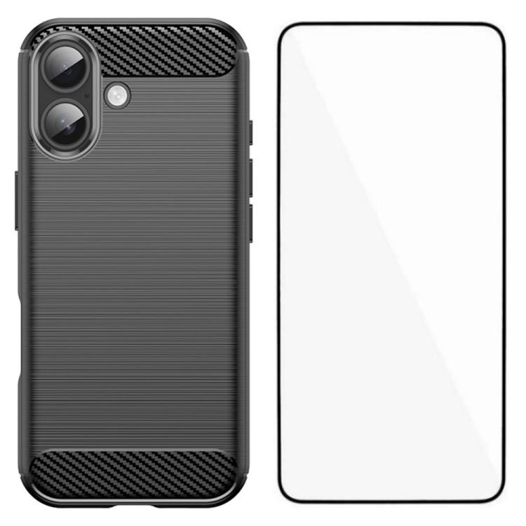 For iPhone 16 WANLONFENG Brushed Texture Shockproof TPU Phone Case with Screen Film(Black)