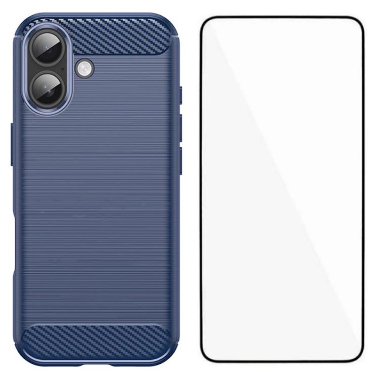 For iPhone 16 WANLONFENG Brushed Texture Shockproof TPU Phone Case with Screen Film(Blue)