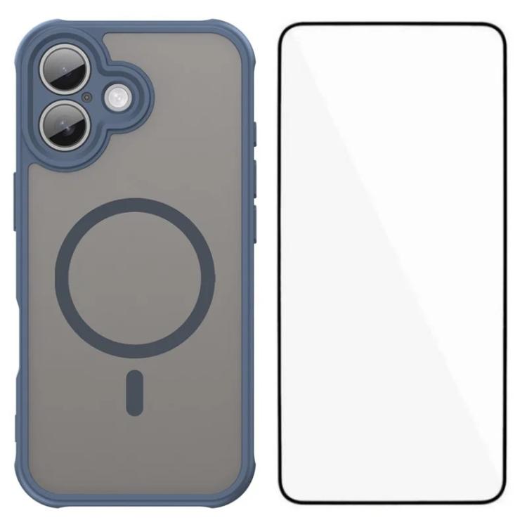 For iPhone 16 WANLONFENG FD Series Skin Touch Magnetic Phone Case with Screen Film(Blue)
