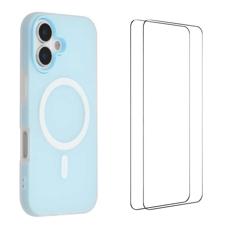 For iPhone 16 WANLONFENG Macarons Matte Magnetic Phone Case with 2pcs Screen Films(Blue)