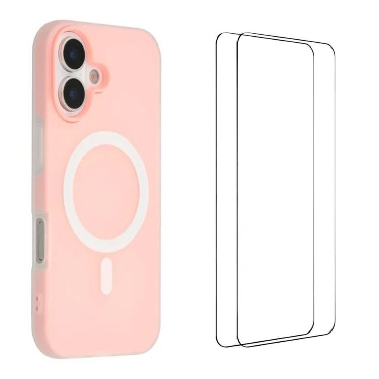 For iPhone 16 WANLONFENG Macarons Matte Magnetic Phone Case with 2pcs Screen Films(Pink)