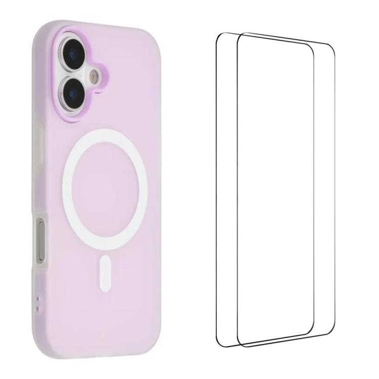 For iPhone 16 WANLONFENG Macarons Matte Magnetic Phone Case with 2pcs Screen Films(Purple)