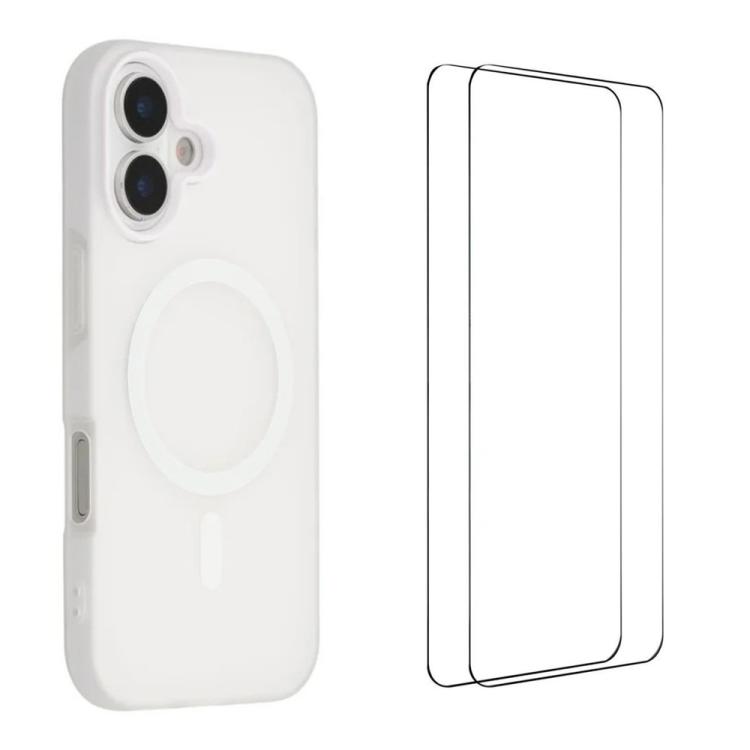For iPhone 16 WANLONFENG Macarons Matte Magnetic Phone Case with 2pcs Screen Films(White)