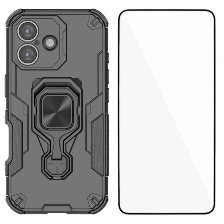 For iPhone 16 WANLONFENG Metal Kickstand Phone Case with Screen Protector(Black)
