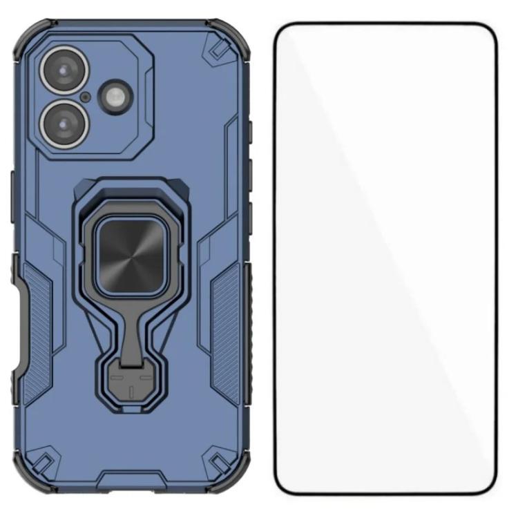 For iPhone 16 WANLONFENG Metal Kickstand Phone Case with Screen Protector(Blue)
