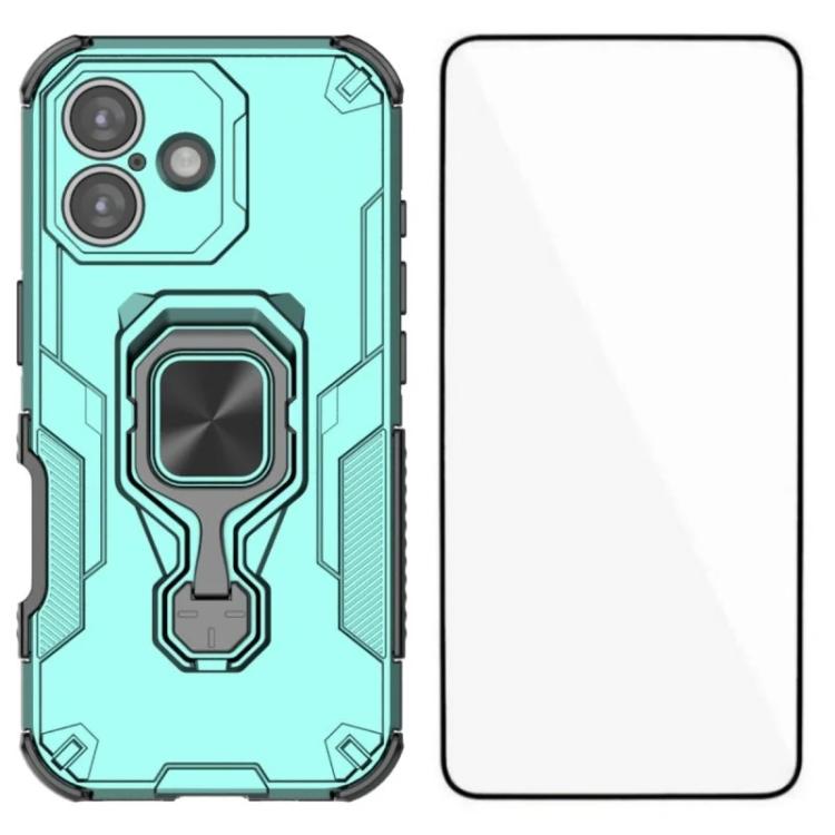 For iPhone 16 WANLONFENG Metal Kickstand Phone Case with Screen Protector(Green)