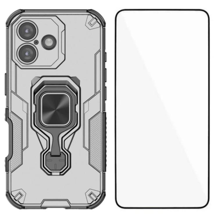 For iPhone 16 WANLONFENG Metal Kickstand Phone Case with Screen Protector(Grey)