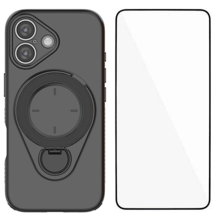 For iPhone 16 WANLONFENG Ring Kickstand Phone Case with Screen Protector(Black)