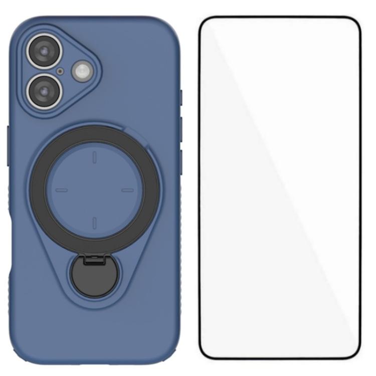 For iPhone 16 WANLONFENG Ring Kickstand Phone Case with Screen Protector(Blue)