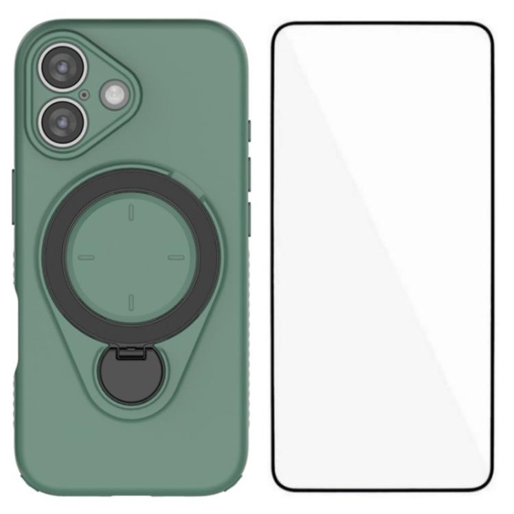 For iPhone 16 WANLONFENG Ring Kickstand Phone Case with Screen Protector(Green)