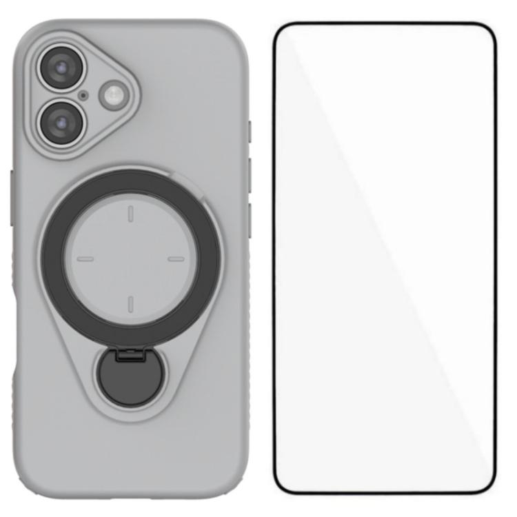 For iPhone 16 WANLONFENG Ring Kickstand Phone Case with Screen Protector(Grey)
