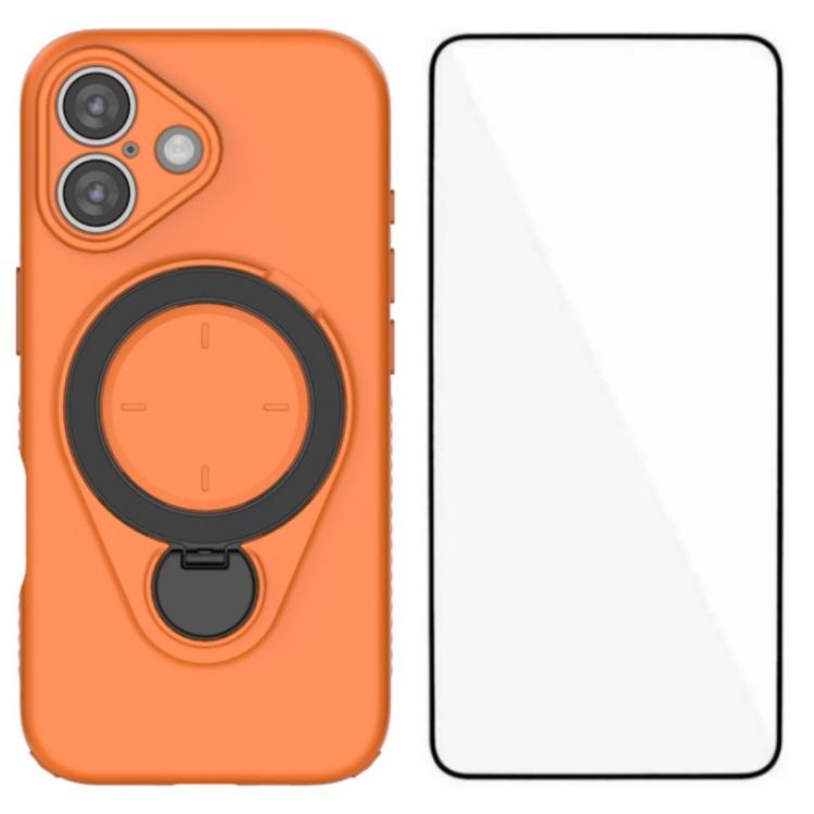 For iPhone 16 WANLONFENG Ring Kickstand Phone Case with Screen Protector(Orange)