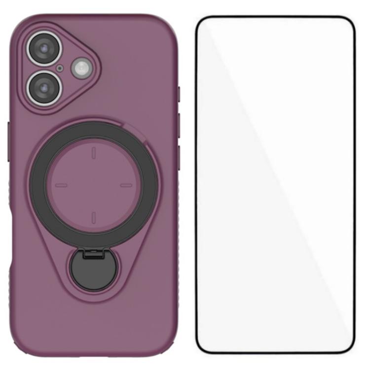 For iPhone 16 WANLONFENG Ring Kickstand Phone Case with Screen Protector(Wine Red)