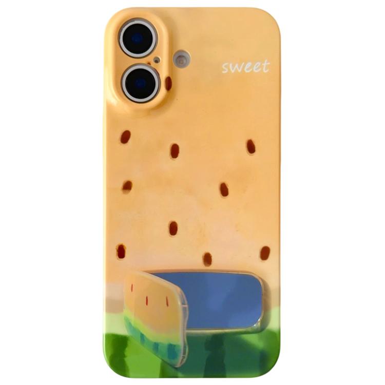 For iPhone 16 Watercolor Watermelon Pattern Holder PC Phone Case(Yellow)
