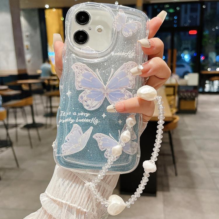 For iPhone 16 Wavy Glitter Butterfly TPU Phone Case with Bracelet Chain(Blue)