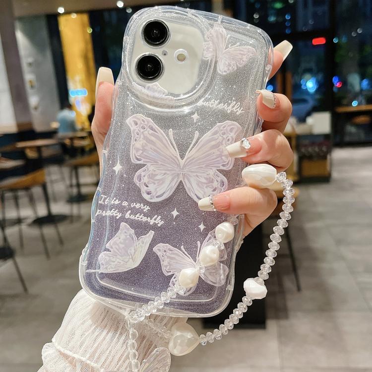 For iPhone 16 Wavy Glitter Butterfly TPU Phone Case with Bracelet Chain(Purple)