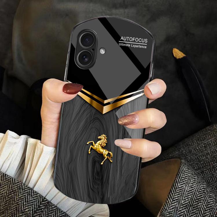 For iPhone 16 Wood Texture Golden Horse Pattern TPU + PC + Tempered Glass Phone Case(Black)