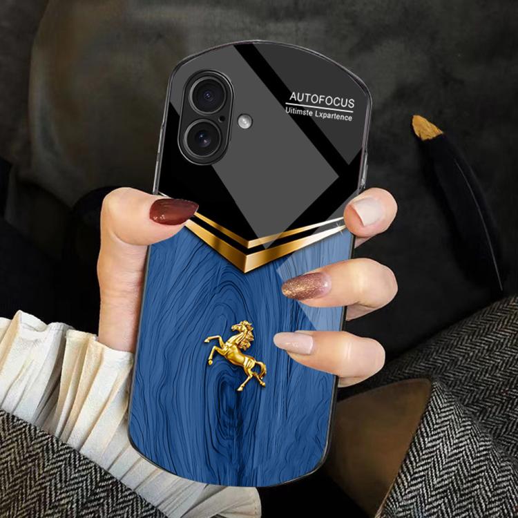 For iPhone 16 Wood Texture Golden Horse Pattern TPU + PC + Tempered Glass Phone Case(Blue)