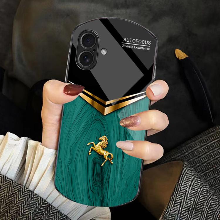 For iPhone 16 Wood Texture Golden Horse Pattern TPU + PC + Tempered Glass Phone Case(Green)