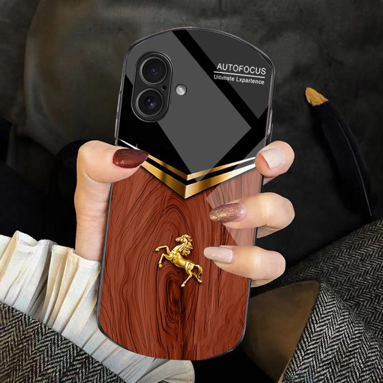 For iPhone 16 Wood Texture Golden Horse Pattern TPU + PC + Tempered Glass Phone Case(Orange)